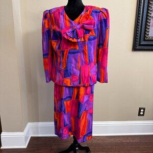 Vintage 80s Lilli Ann Color Block Power Suit Abstract Print Jacket & Skirt 2 PC